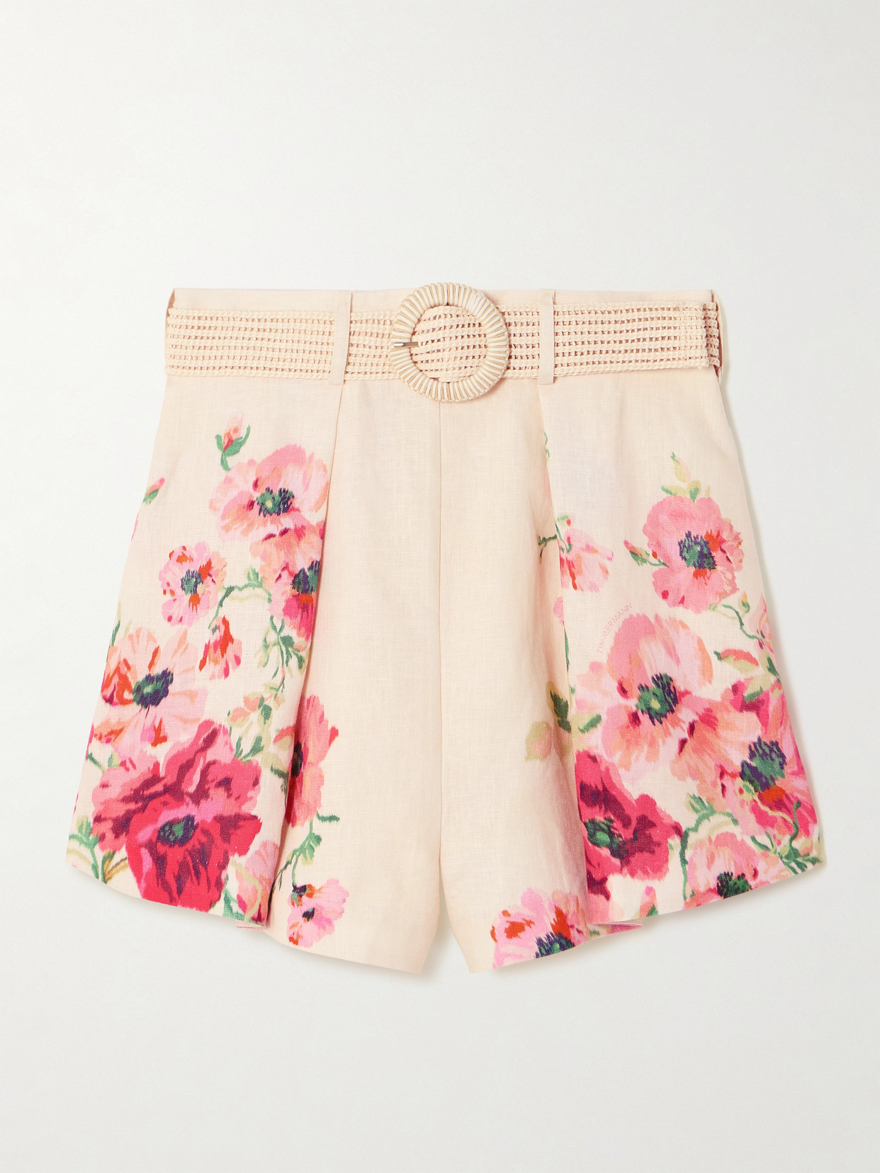 Zimmermann Lightburst Belted Pleated Floral-print Linen Shorts In Cream