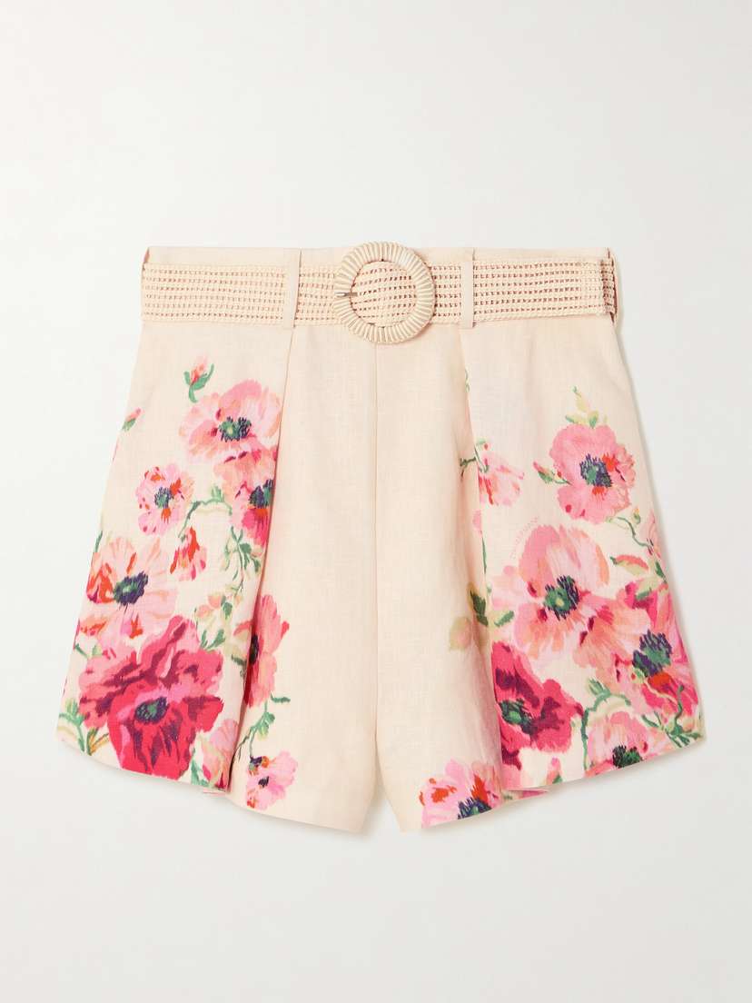 Zimmermann Lightburst Belted Pleated Floral-print Linen Shorts