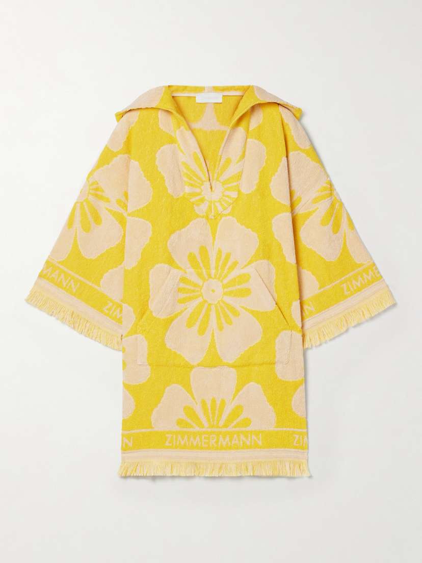 Zimmermann Golden Hooded Frayed Cotton-terry Floral-jacquard Mini Dress