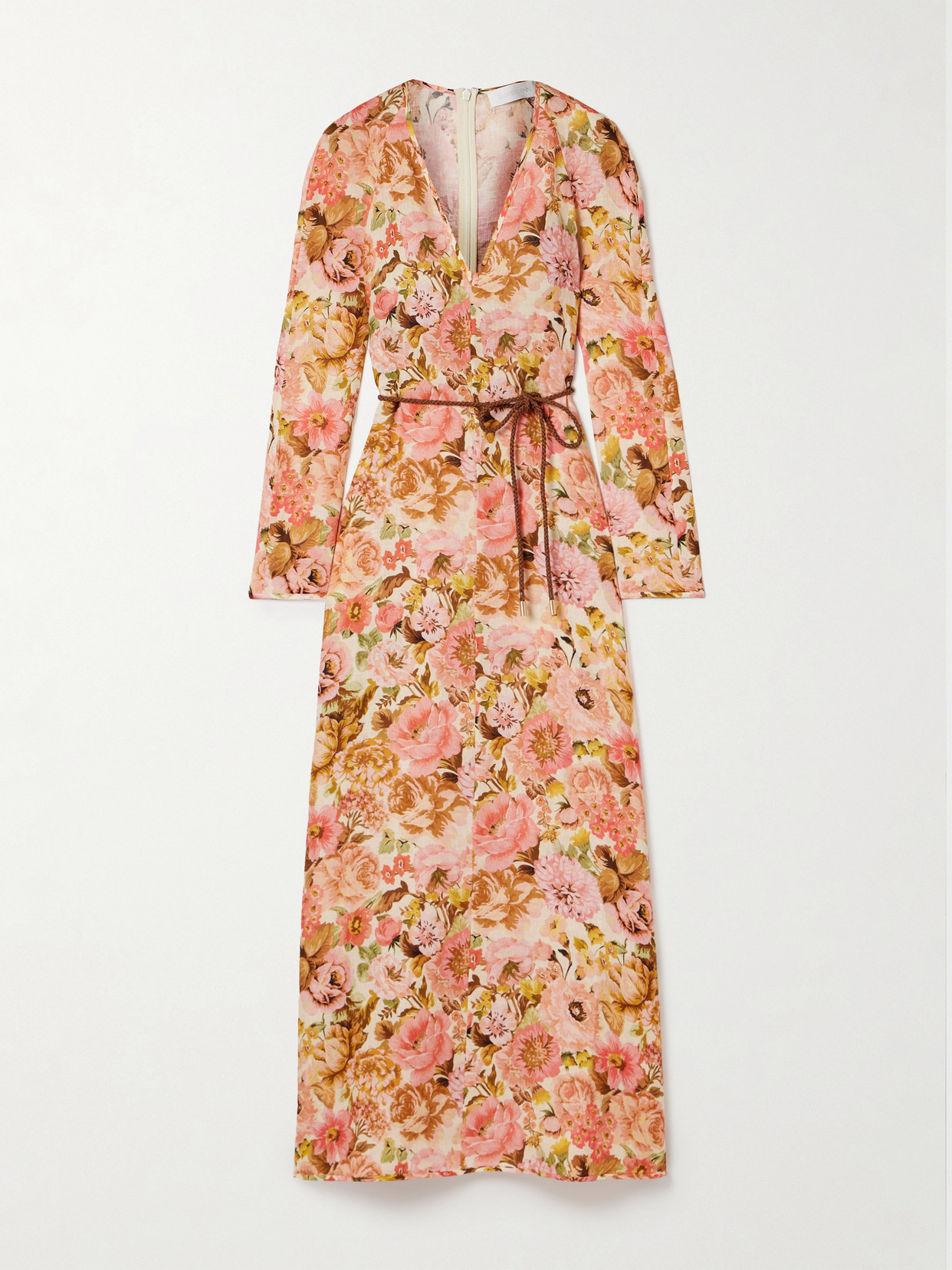 ZIMMERMANN GOLDEN BELTED FLORAL-PRINT LINEN MAXI DRESS