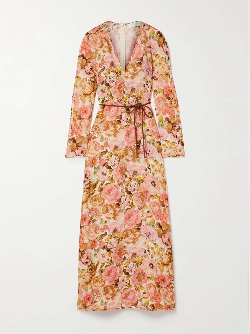Zimmermann Golden Belted Floral-print Linen Maxi Dress