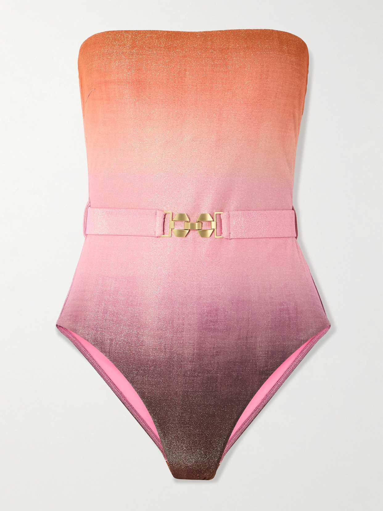 ZIMMERMANN STRAPLESS BELTED METALLIC OMBRÉ SWIMSUIT