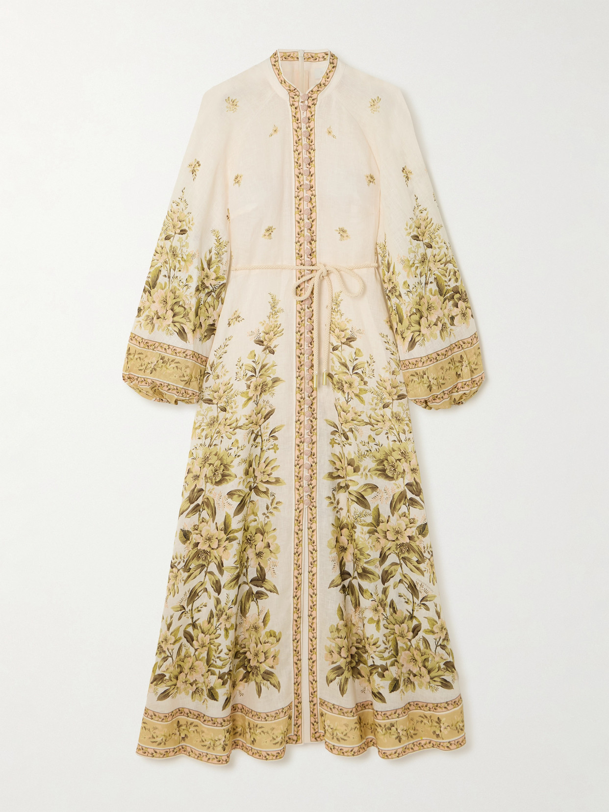 Zimmermann Golden Belted Floral-print Linen Midi Dress In Green