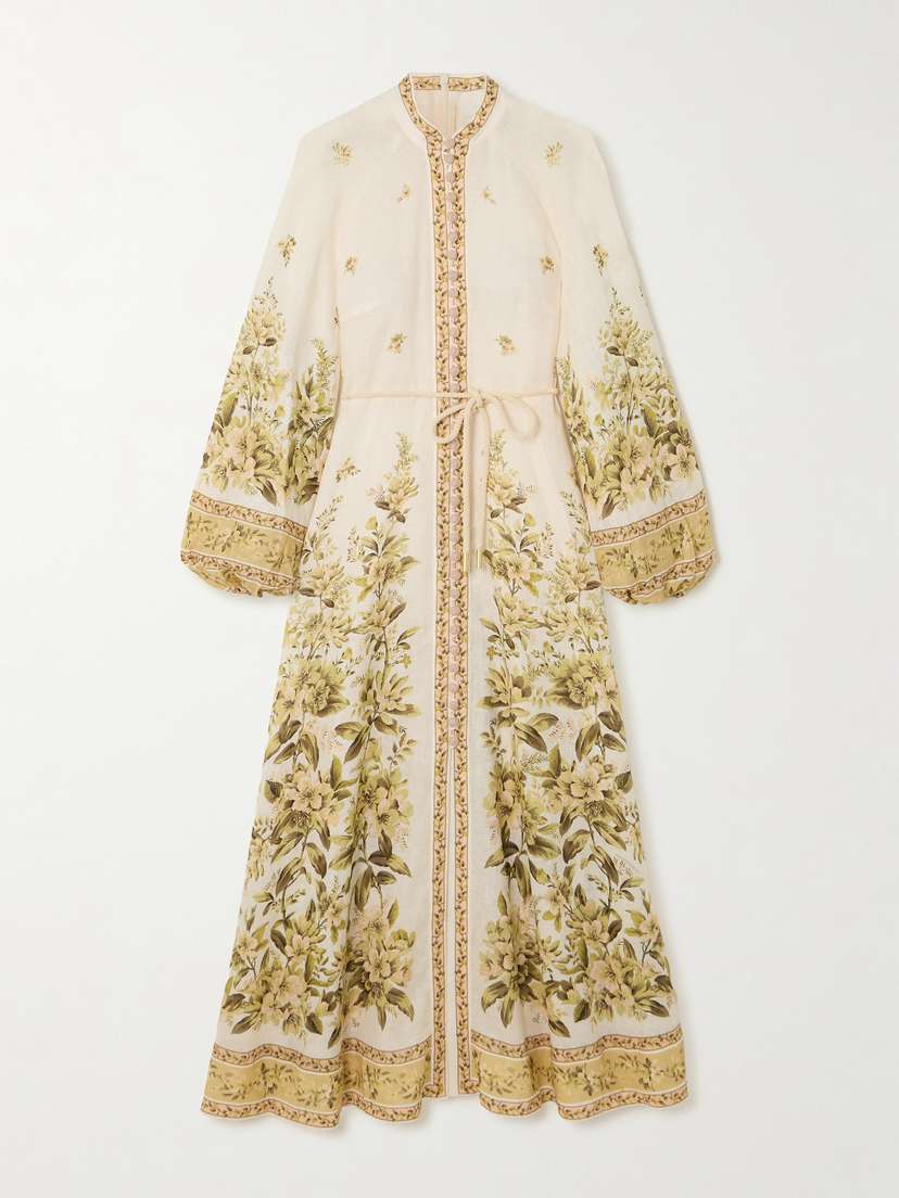 Zimmermann Golden Belted Floral-print Linen Midi Dress