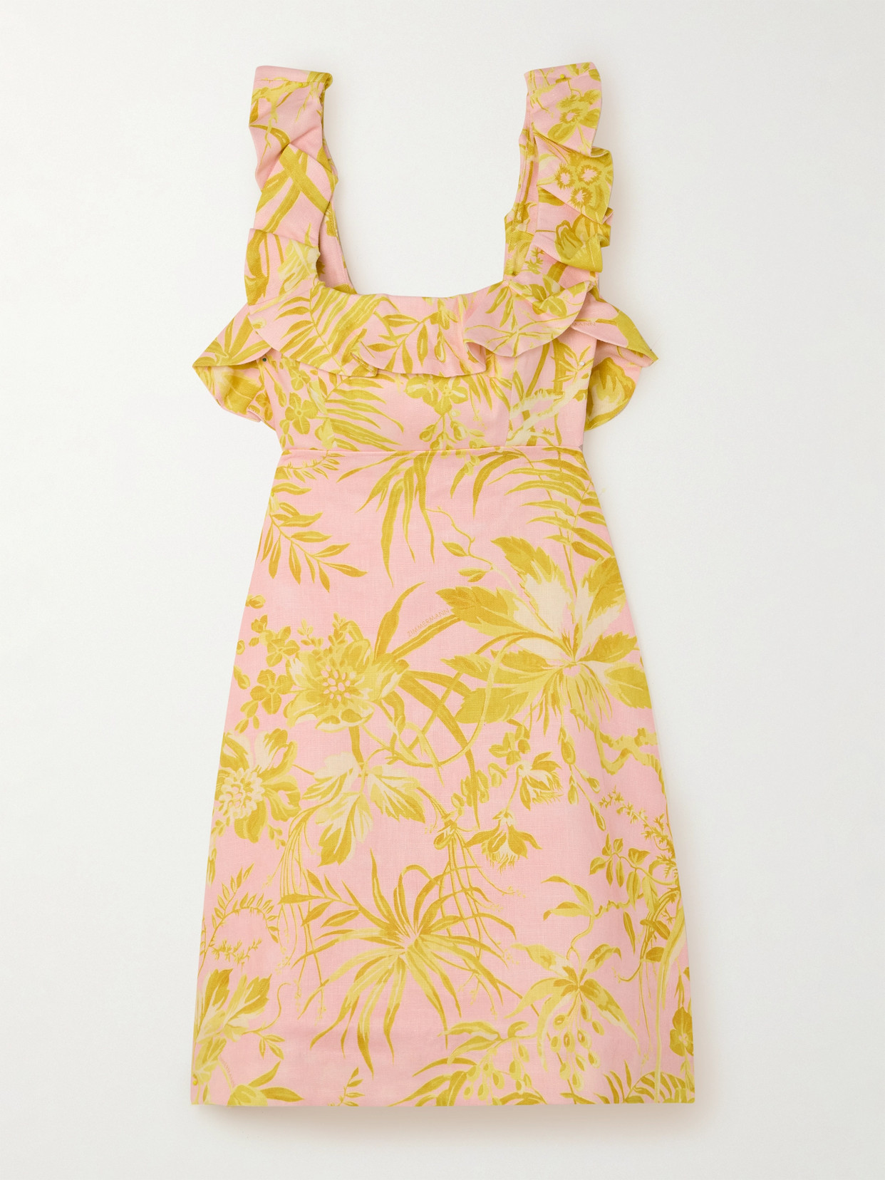 Zimmermann Golden Bow-detailed Open-back Ruffled Floral-print Linen Mini Dress In Pink