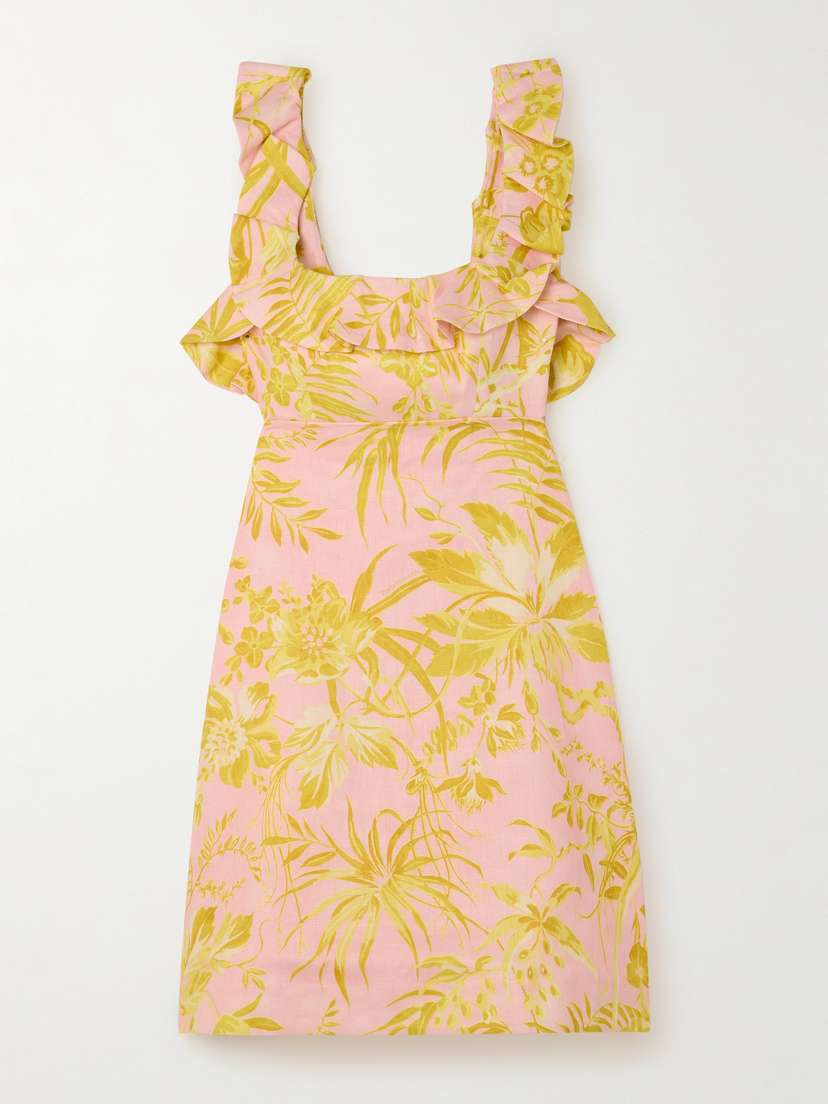 Zimmermann Golden Bow-detailed Open-back Ruffled Floral-print Linen Mini Dress