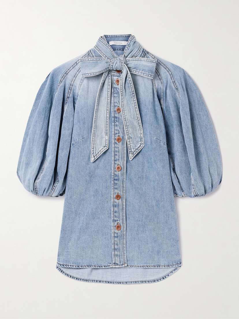 Zimmermann Lantern Tie-neck Denim Shirt