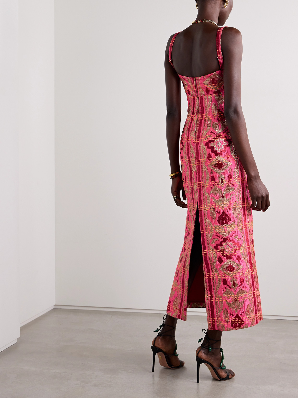 JOHANNA ORTIZ POWERFUL STITCHES CUTOUT METALLIC BROCADE MIDI DRESS