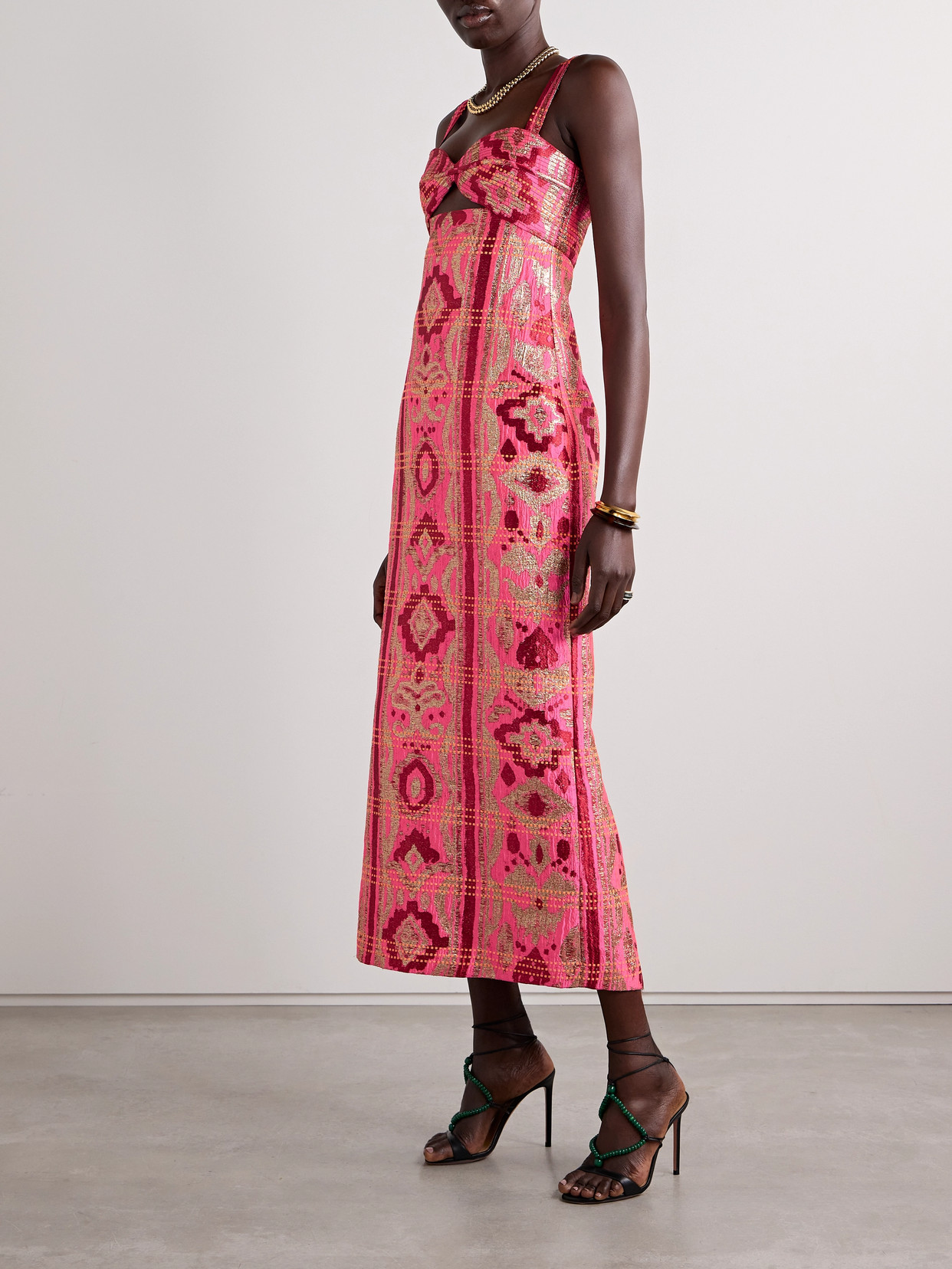 JOHANNA ORTIZ POWERFUL STITCHES CUTOUT METALLIC BROCADE MIDI DRESS