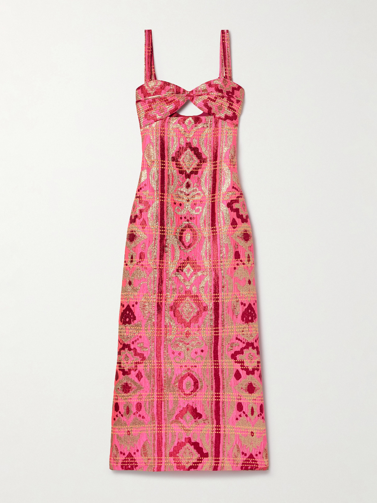 Johanna Ortiz - Powerful Stitches Cutout Metallic Brocade Midi Dress - Pink