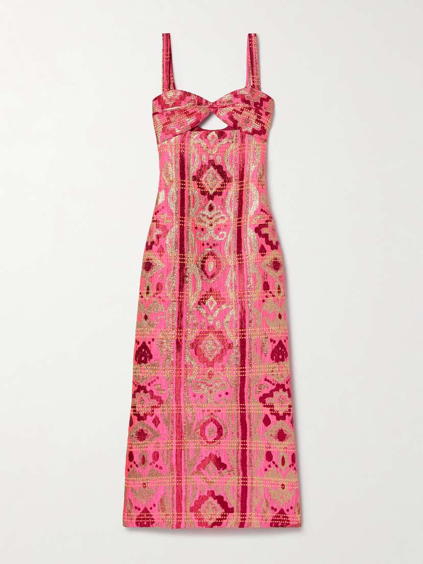 Johanna Ortiz Powerful Stitches Cutout Metallic Brocade Midi Dress