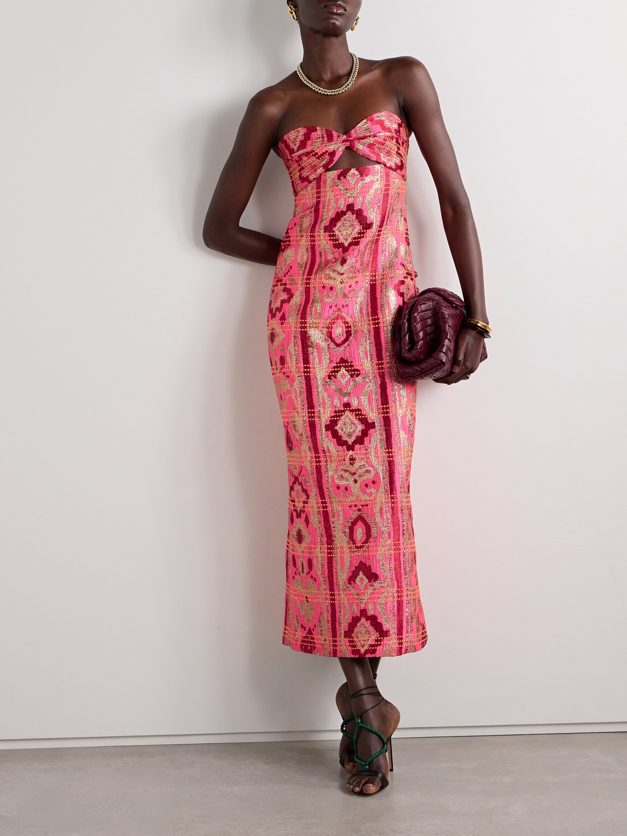 JOHANNA ORTIZ POWERFUL STITCHES CUTOUT METALLIC BROCADE MIDI DRESS