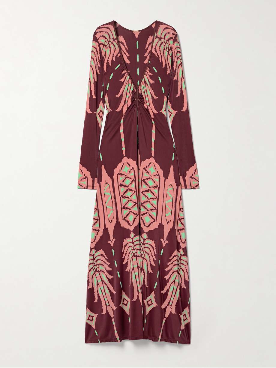 alma bordada ruched printed stretch-jersey maxi dress