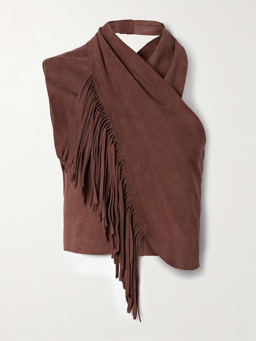 Johanna Ortiz Deer Track Fringed Suede Halterneck Top