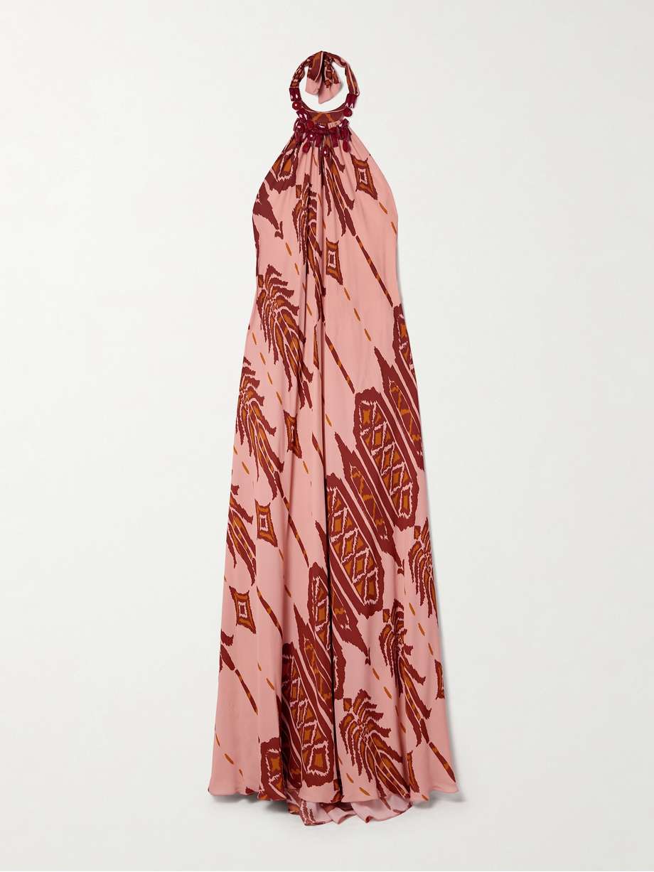 mohican song printed silk-crepe halterneck maxi dress and necklace
