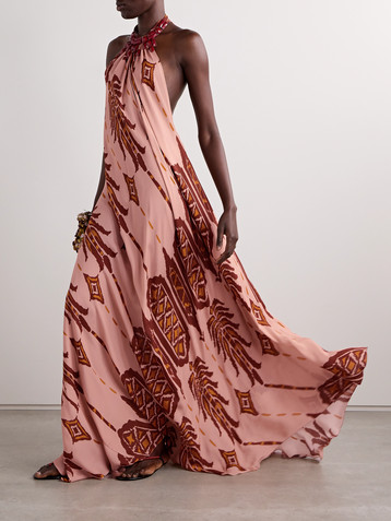 Johanna Ortiz Mohican Song printed silk-crepe halterneck maxi dress and necklace