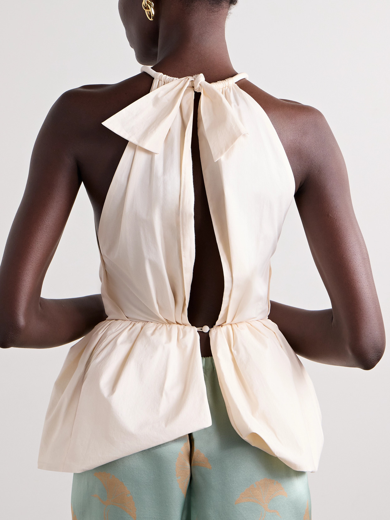 Johanna Ortiz Vision Carrier Cutout Ruched Cotton-blend Poplin Peplum Top In Ivory
