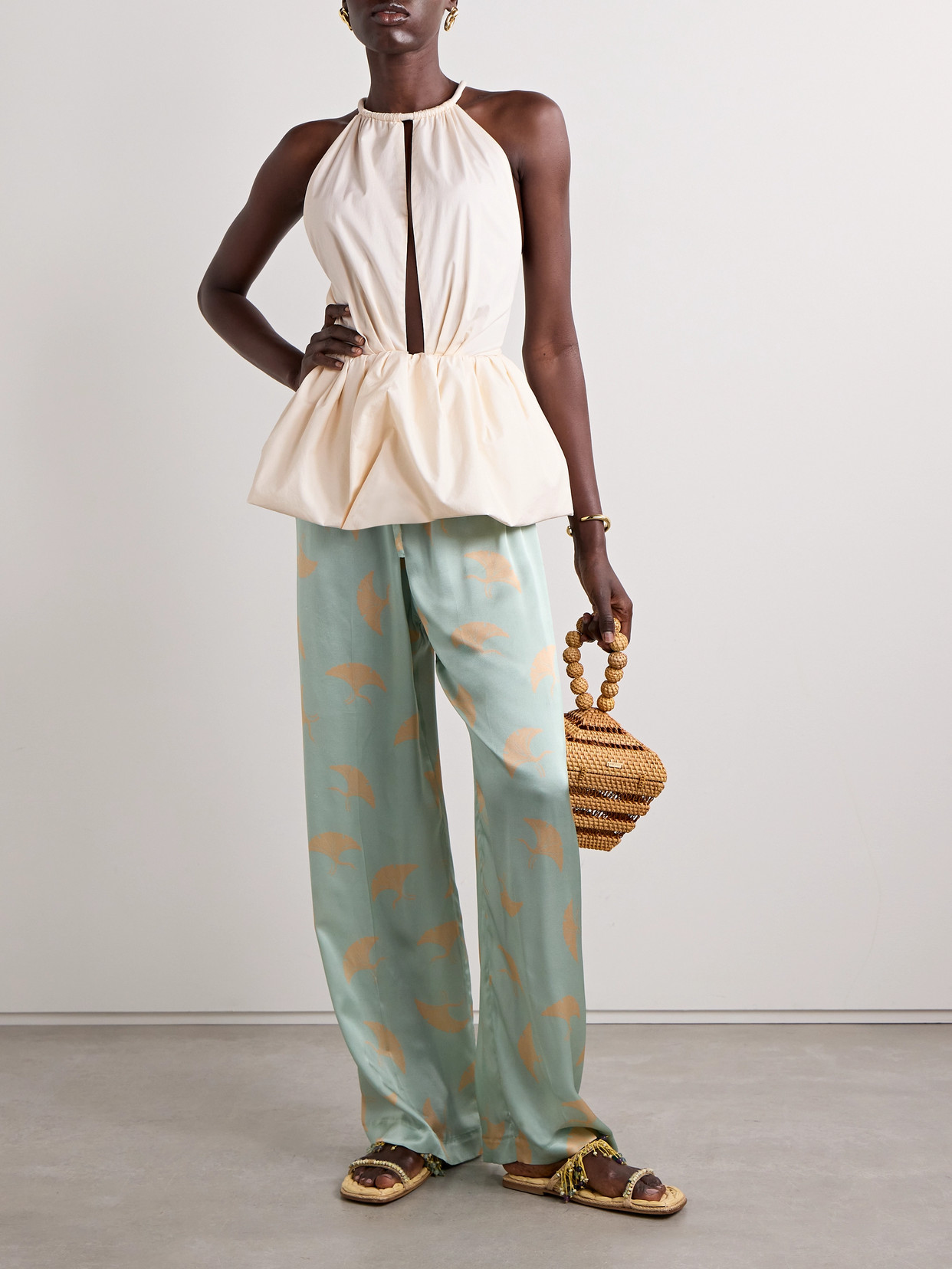 Johanna Ortiz Vision Carrier Cutout Ruched Cotton-blend Poplin Peplum Top In Ivory