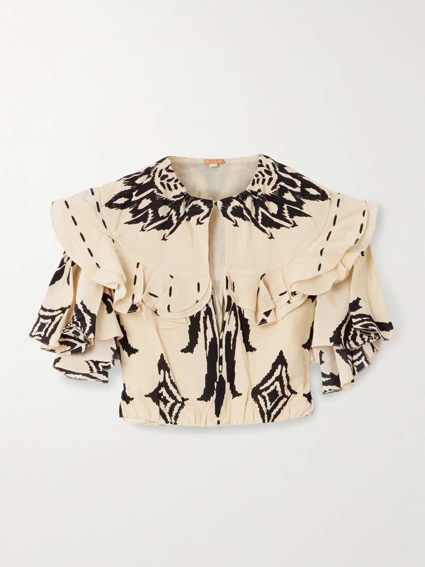 Johanna Ortiz Influencial Tribes Cropped Ruffled Printed Silk-chiffon Top
