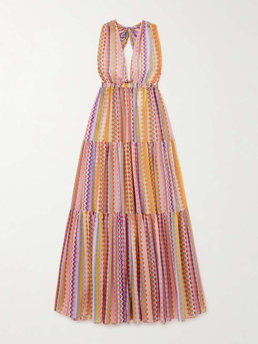 Missoni Mare Tiered Striped Cotton And Silk-blend Voile Halterneck Maxi Dress