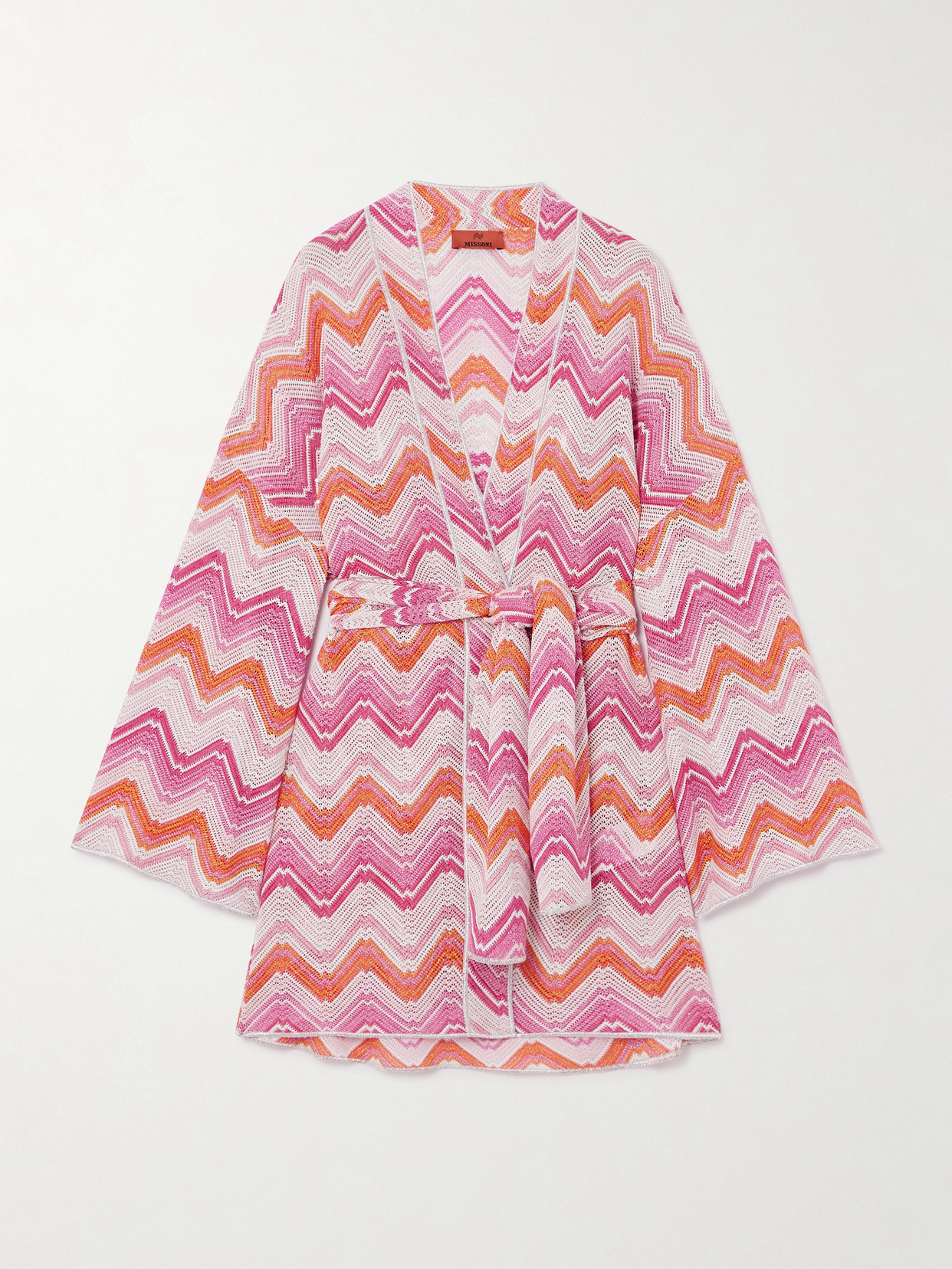 Missoni Mare Belted Metallic Crochet-knit Kaftan In Pink