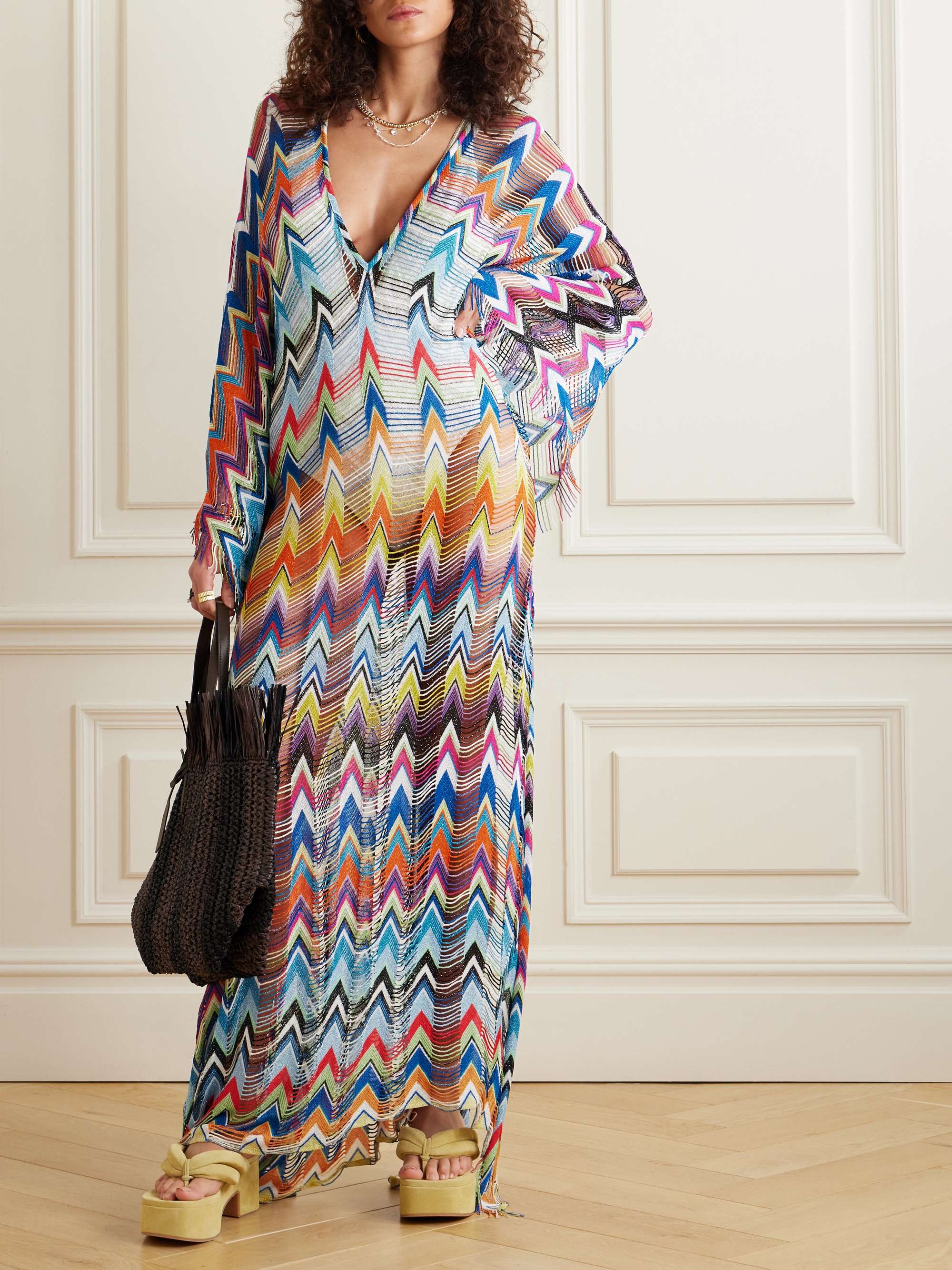 Mare fringed striped metallic crochet knit kaftan