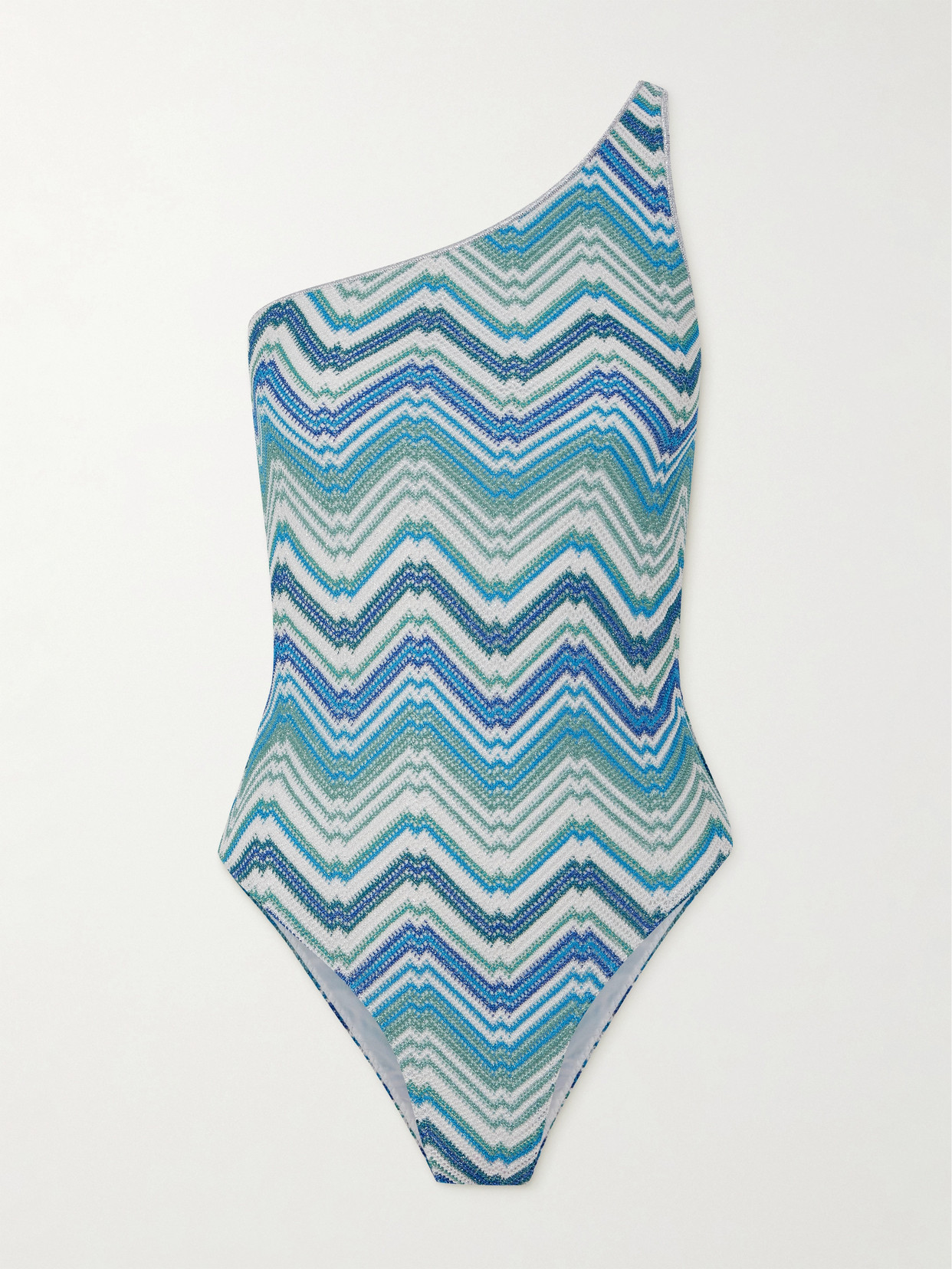 Missoni Mare One-shoulder Striped Metallic Crochet-knit Swimsuit In Blue