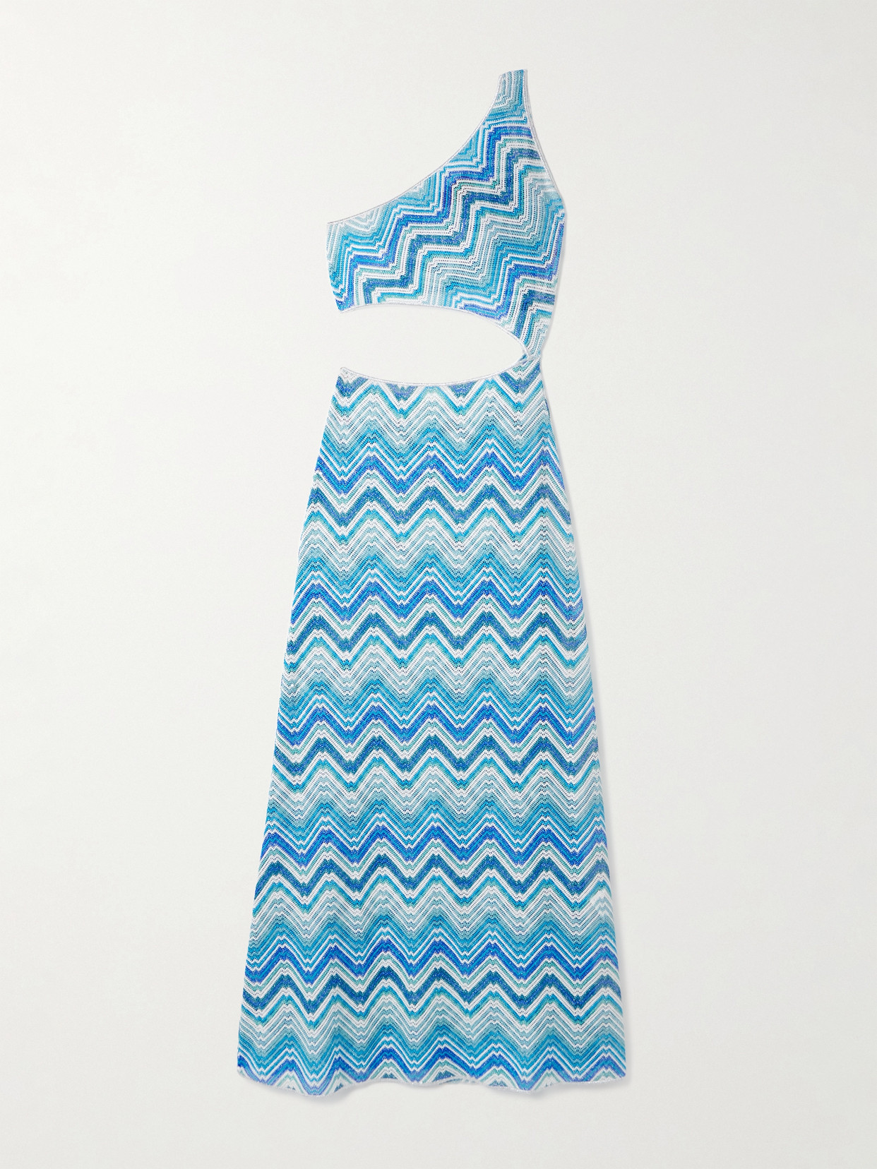 Missoni One-shoulder Cutout Metallic Striped Crochet-knit Maxi Dress In Blue