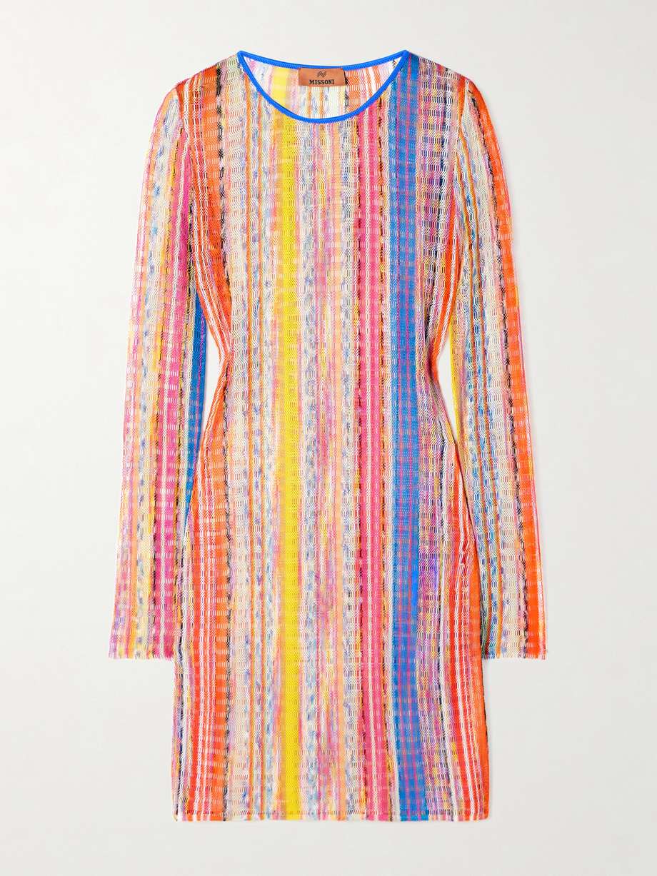 striped crochet-knit mini dress