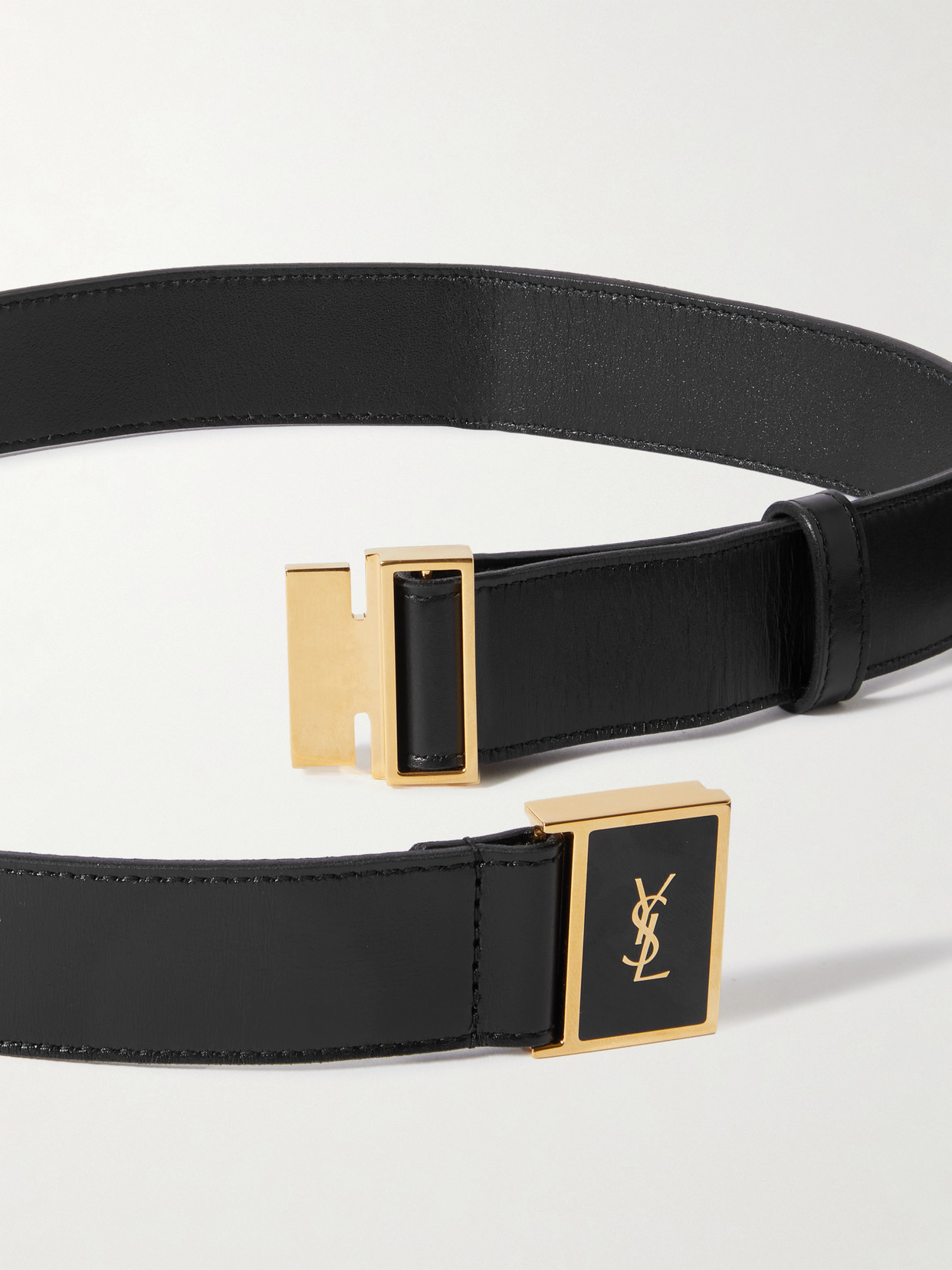 Shop Saint Laurent Cassandre Leather Belt In Black