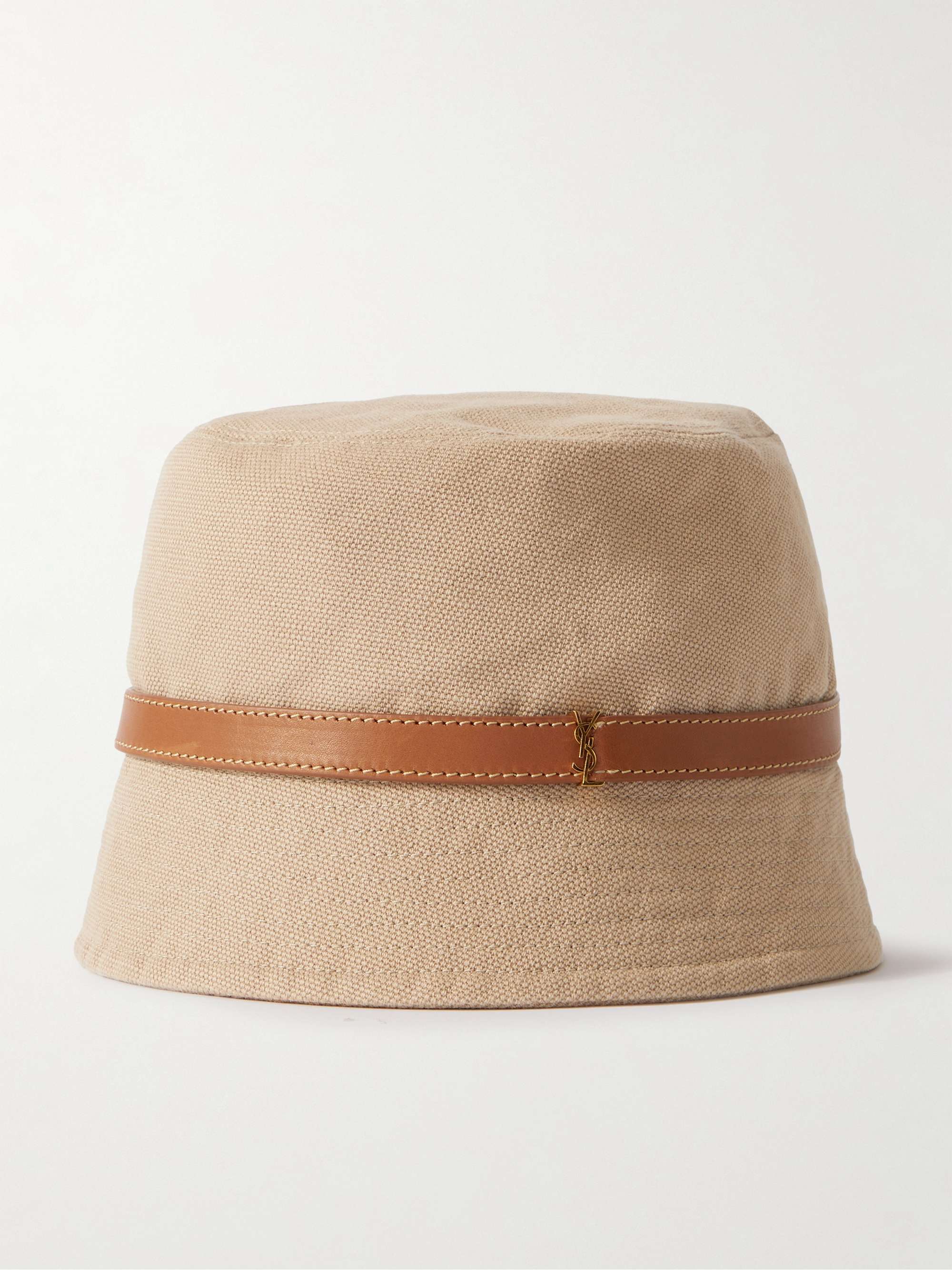Leather trimmed cotton and linen blend canvas bucket hat beige 57