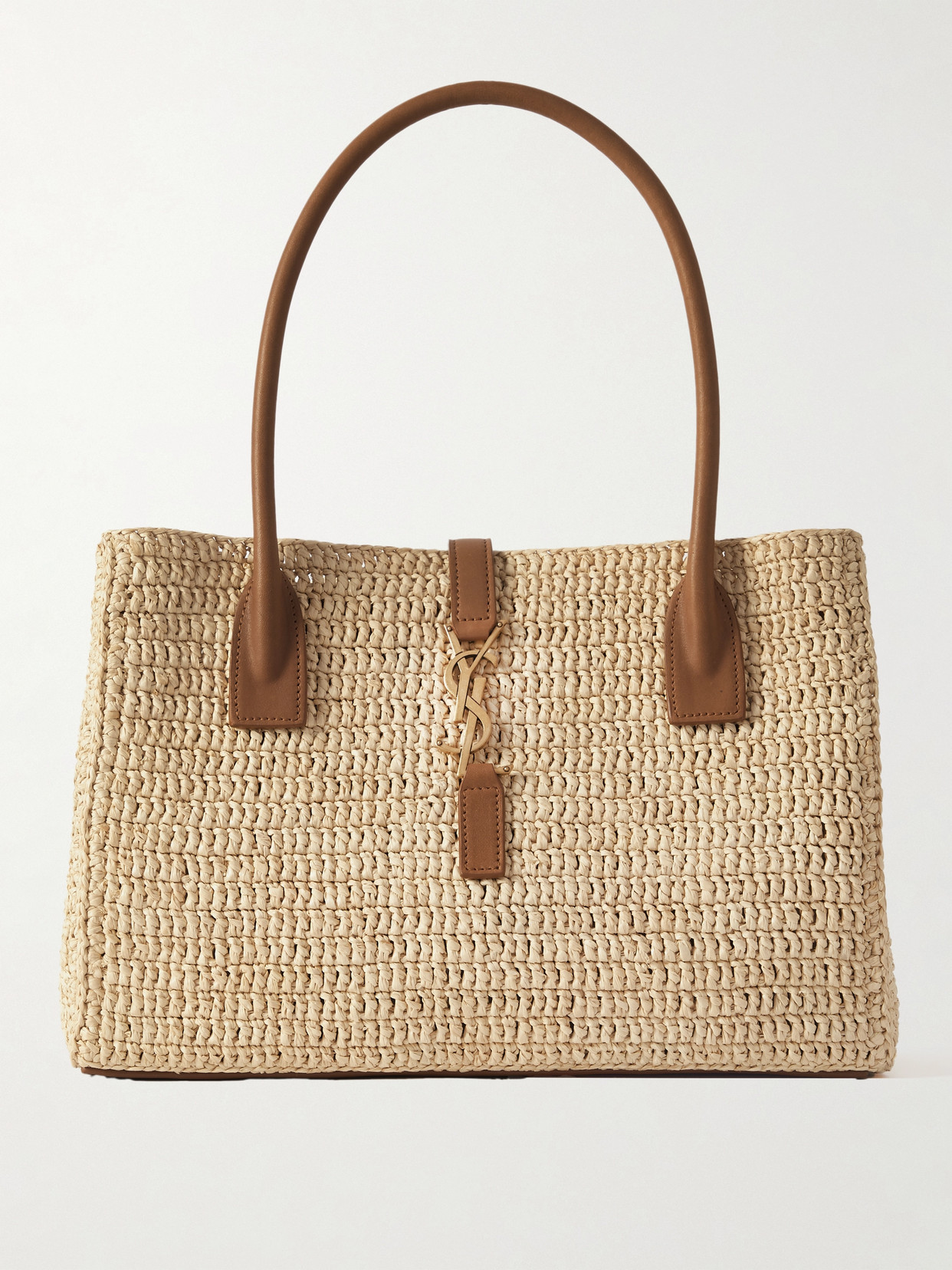 Saint Laurent Panier Leather-trimmed Raffia Tote In Neutrals