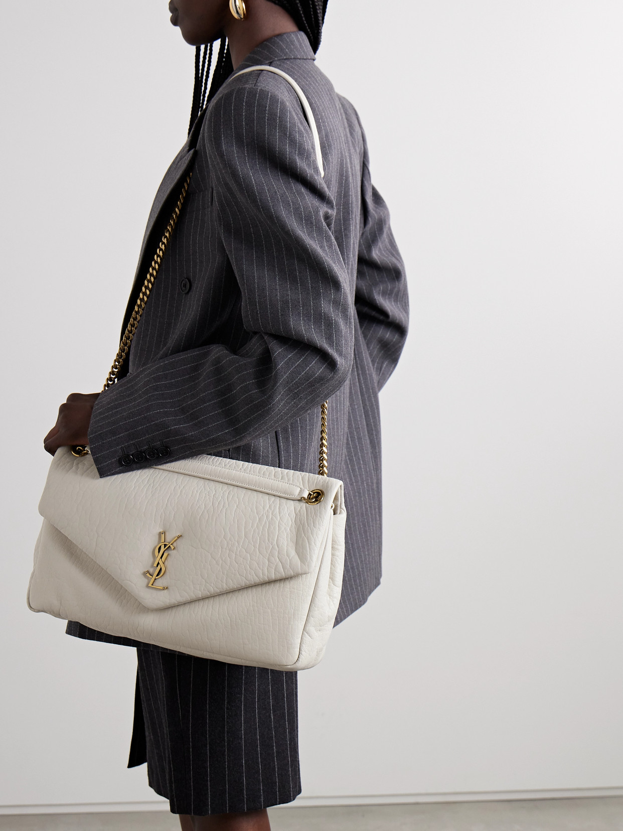 Saint Laurent Calypso Large Padded Textured-leather Shoulder Bag In White