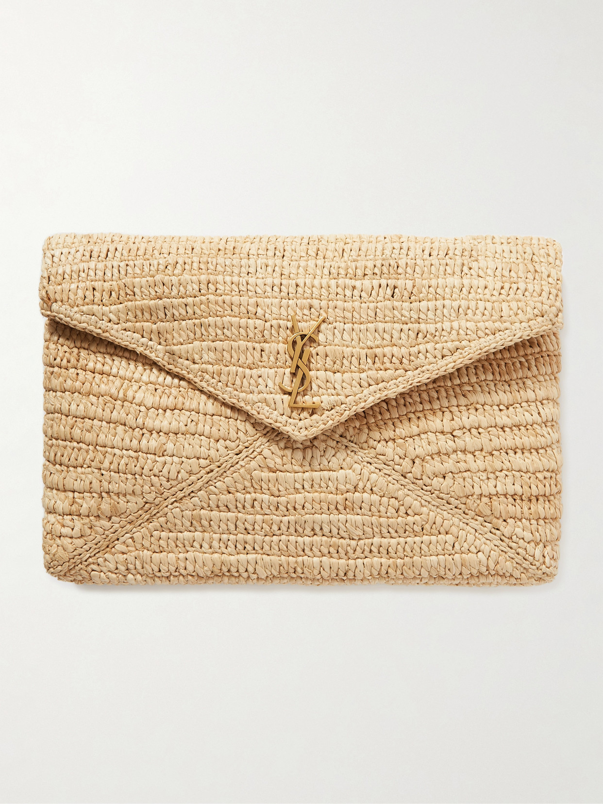 Saint Laurent Cassandre Raffia Clutch In Neutrals