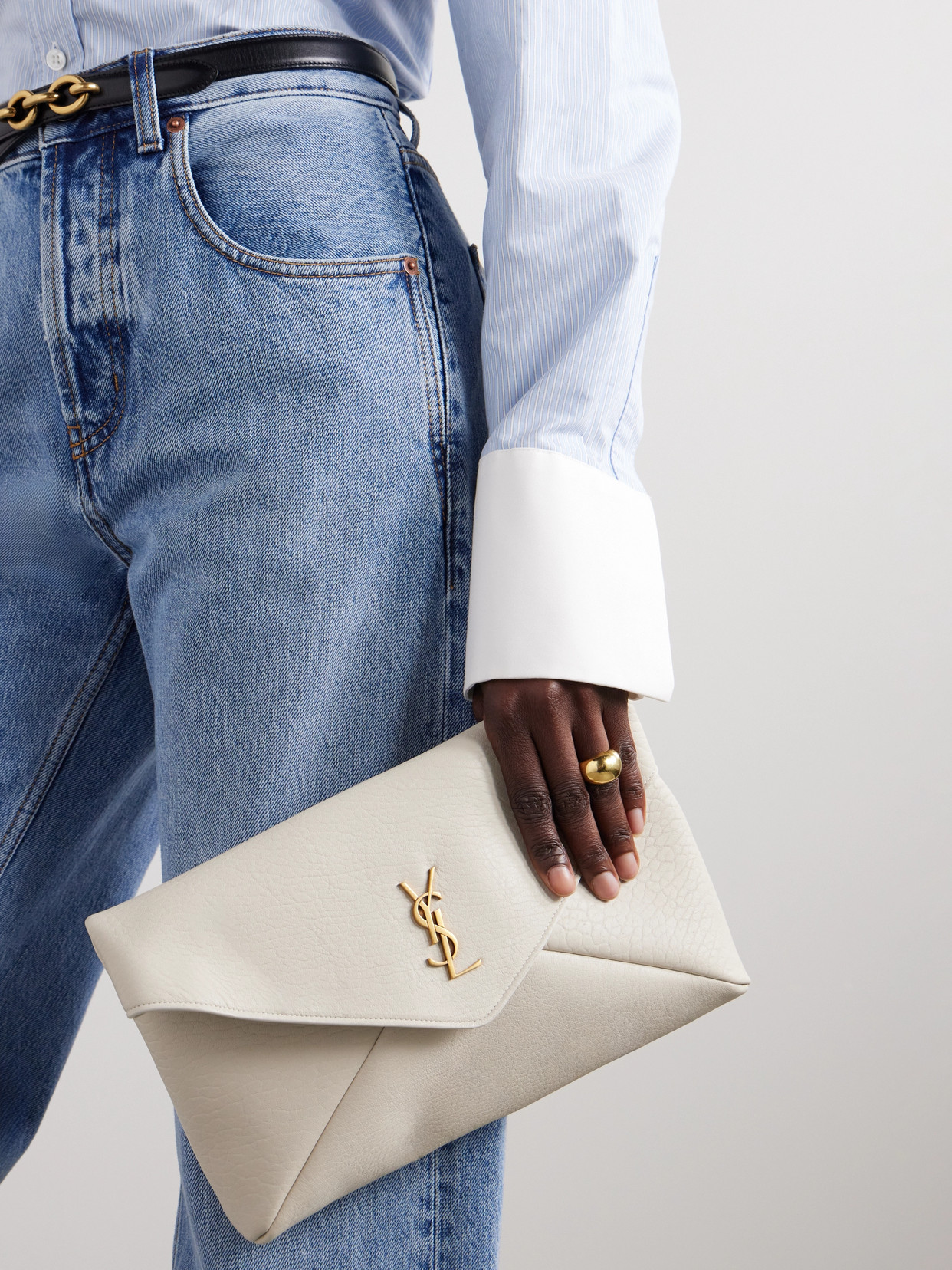 Saint Laurent Cassandre Large Textured-leather Clutch In White
