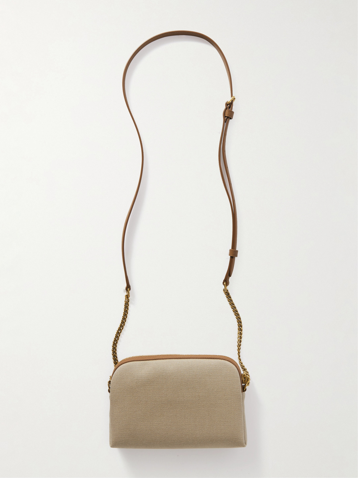 Shop Saint Laurent Gaby Mini Leather-trimmed Embellished Canvas Shoulder Bag In Neutrals