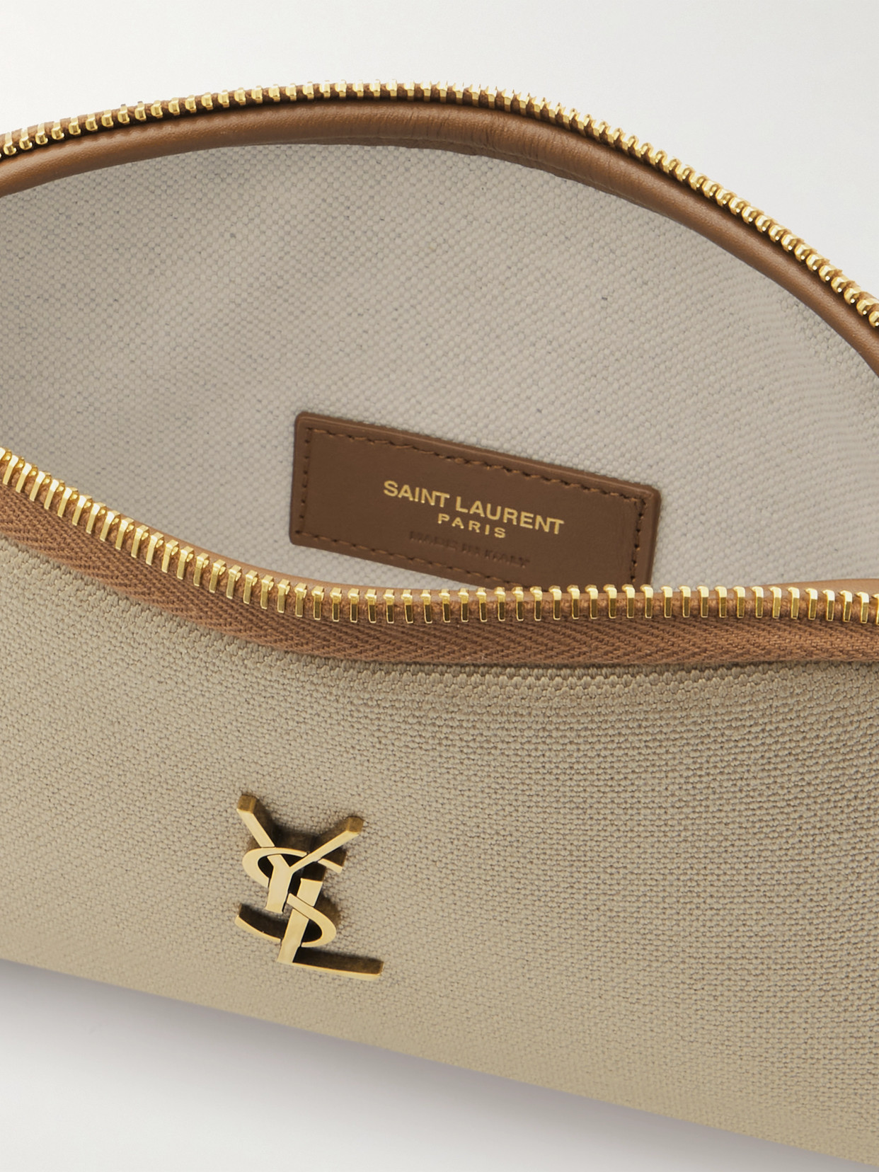 Shop Saint Laurent Gaby Mini Leather-trimmed Embellished Canvas Shoulder Bag In Neutrals