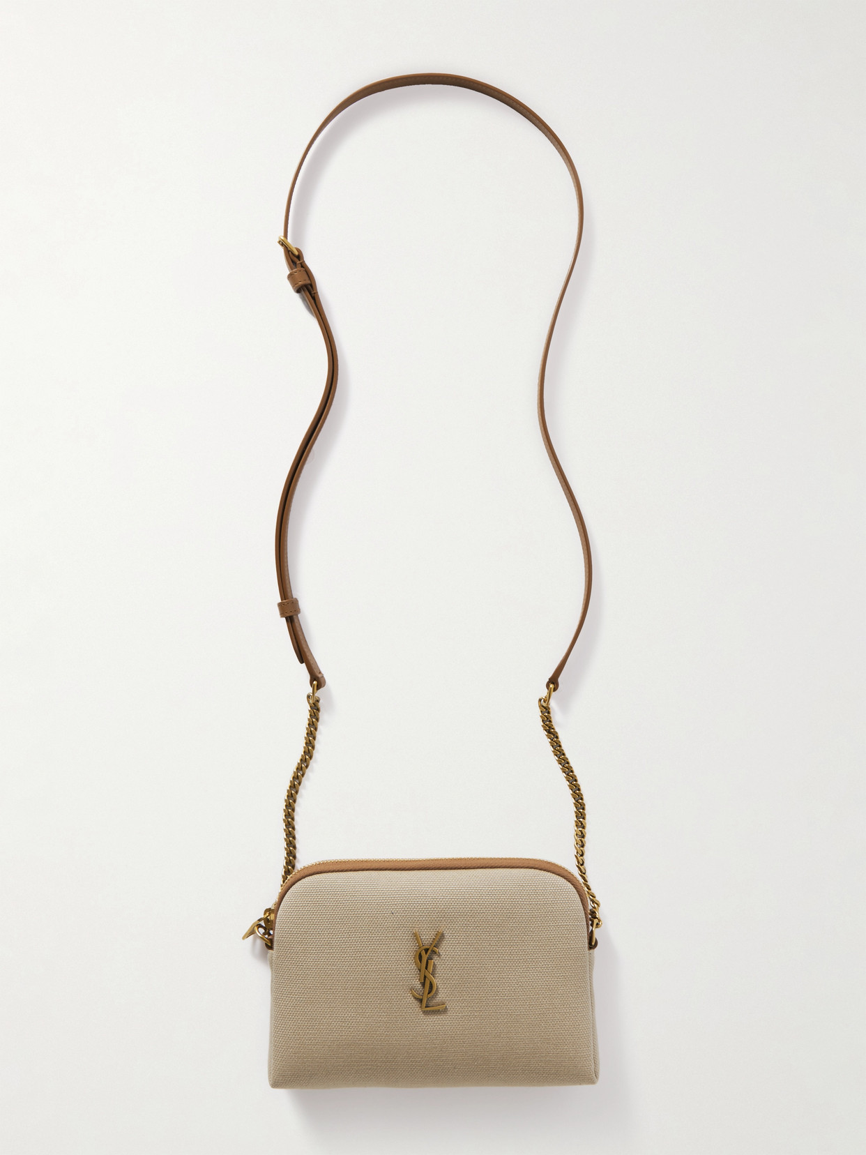 Saint Laurent Gaby Mini Leather-trimmed Embellished Canvas Shoulder Bag In Neutrals