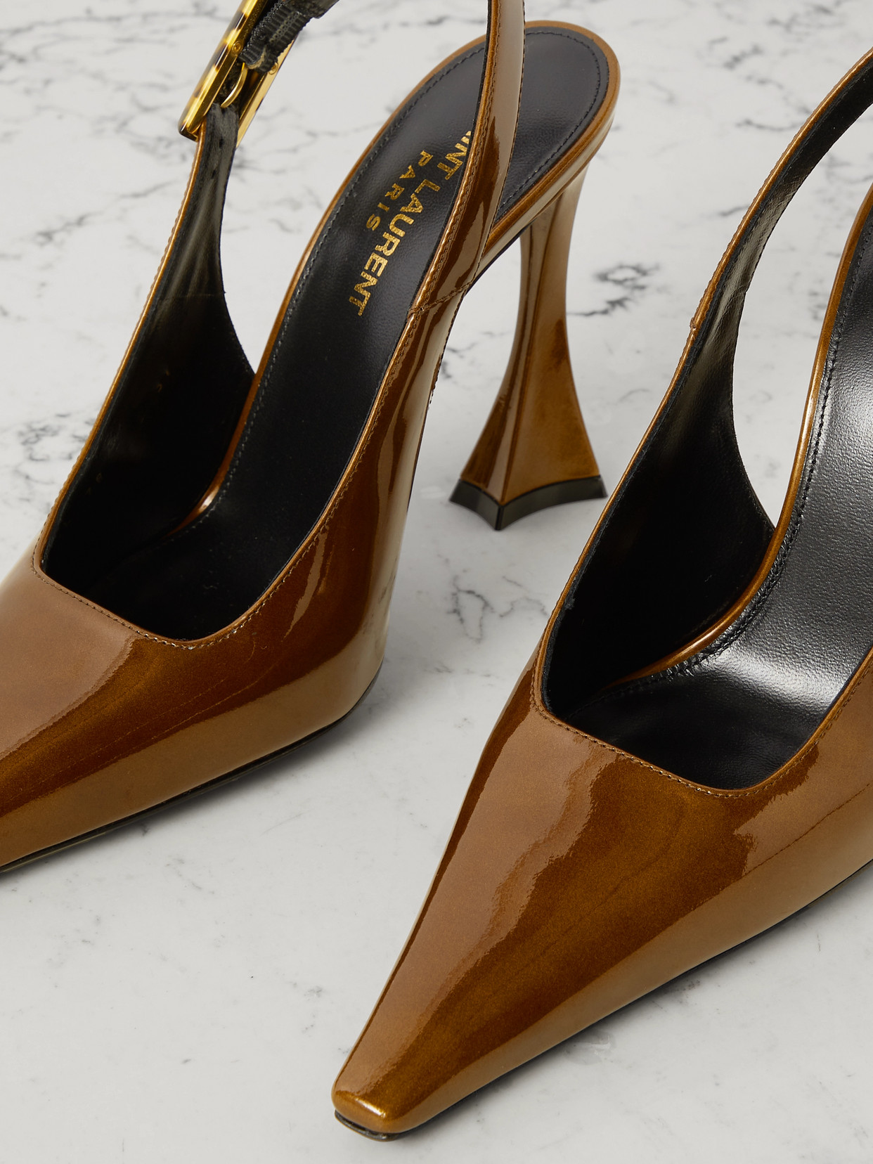 Saint Laurent Dune Patent-leather Slingback Pumps In Brown