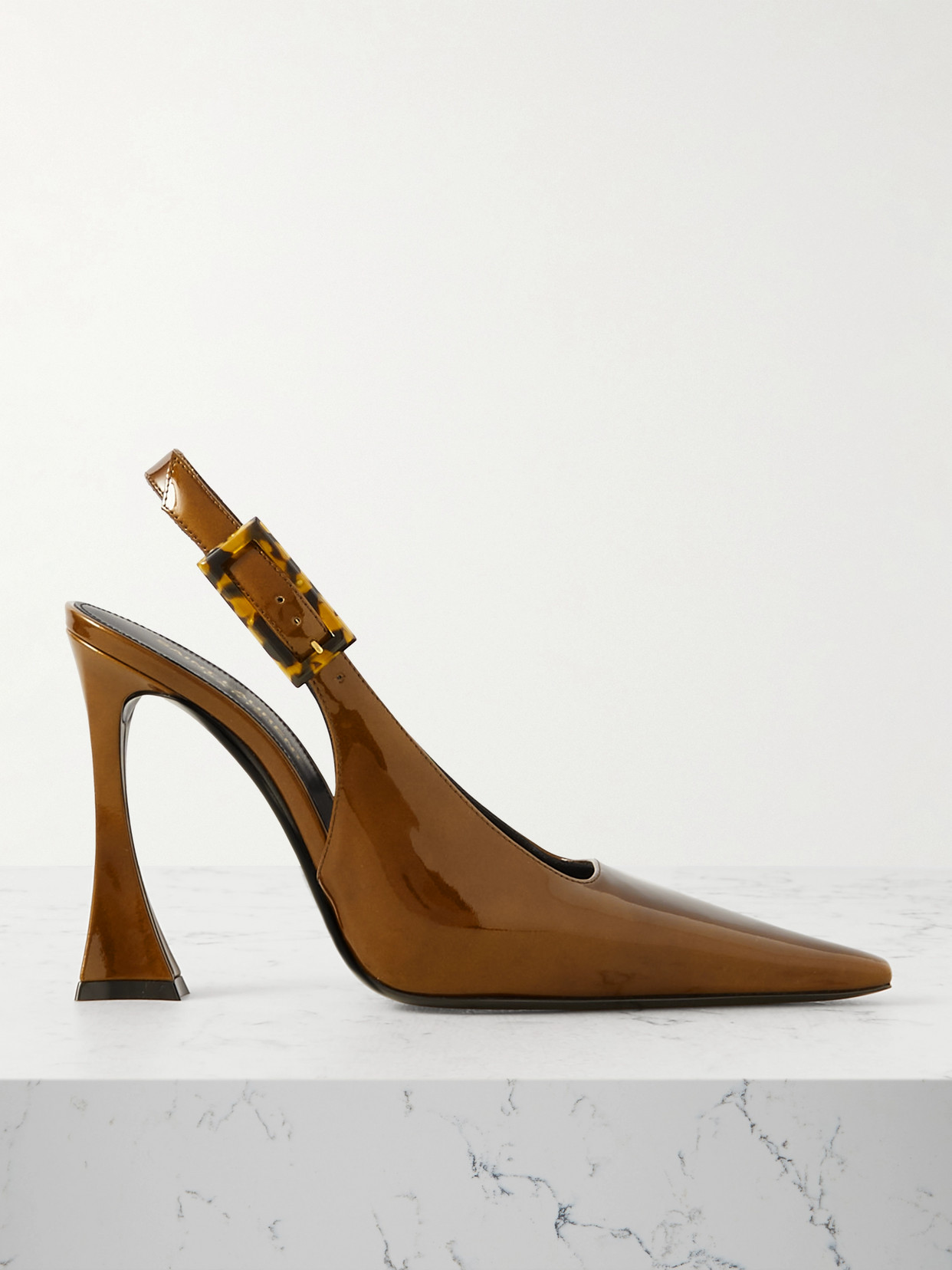 Saint Laurent Dune Patent-leather Slingback Pumps In Brown