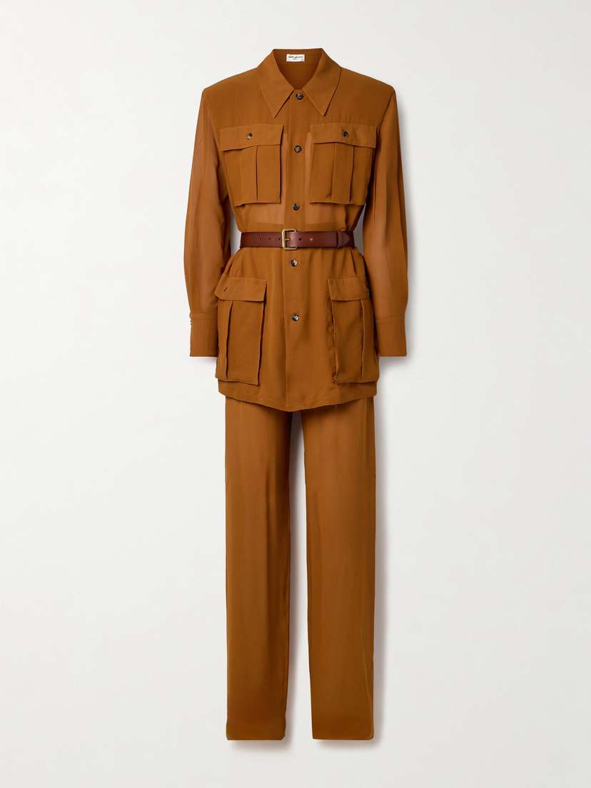 Saint Laurent Belted Silk-crepe Shirt And Pleated Wide-leg Pants Set