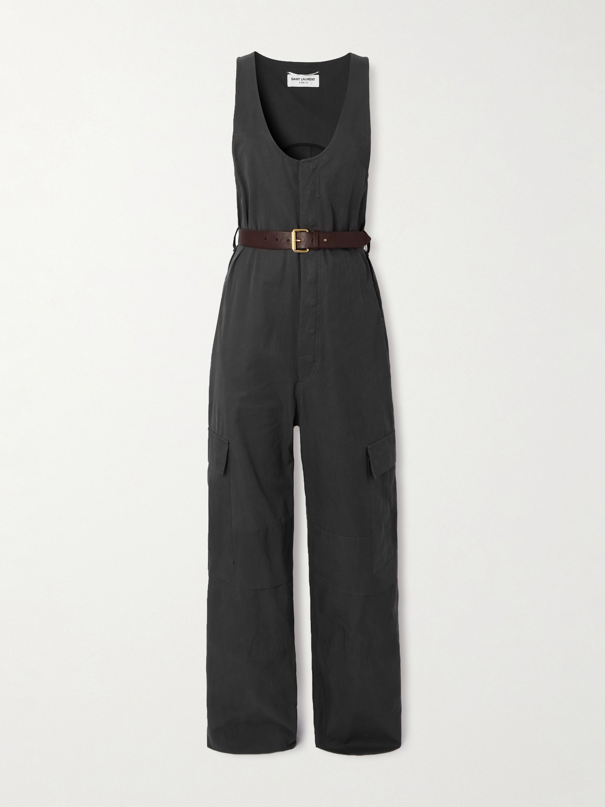 Shop Saint Laurent Belted Cotton-twill Jumpsuit In Gray