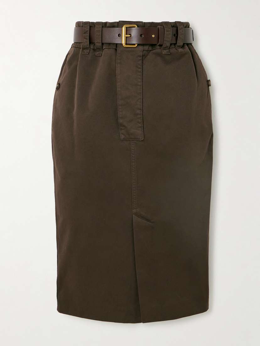 Saint Laurent Belted Leather-trimmed Denim Midi Skirt