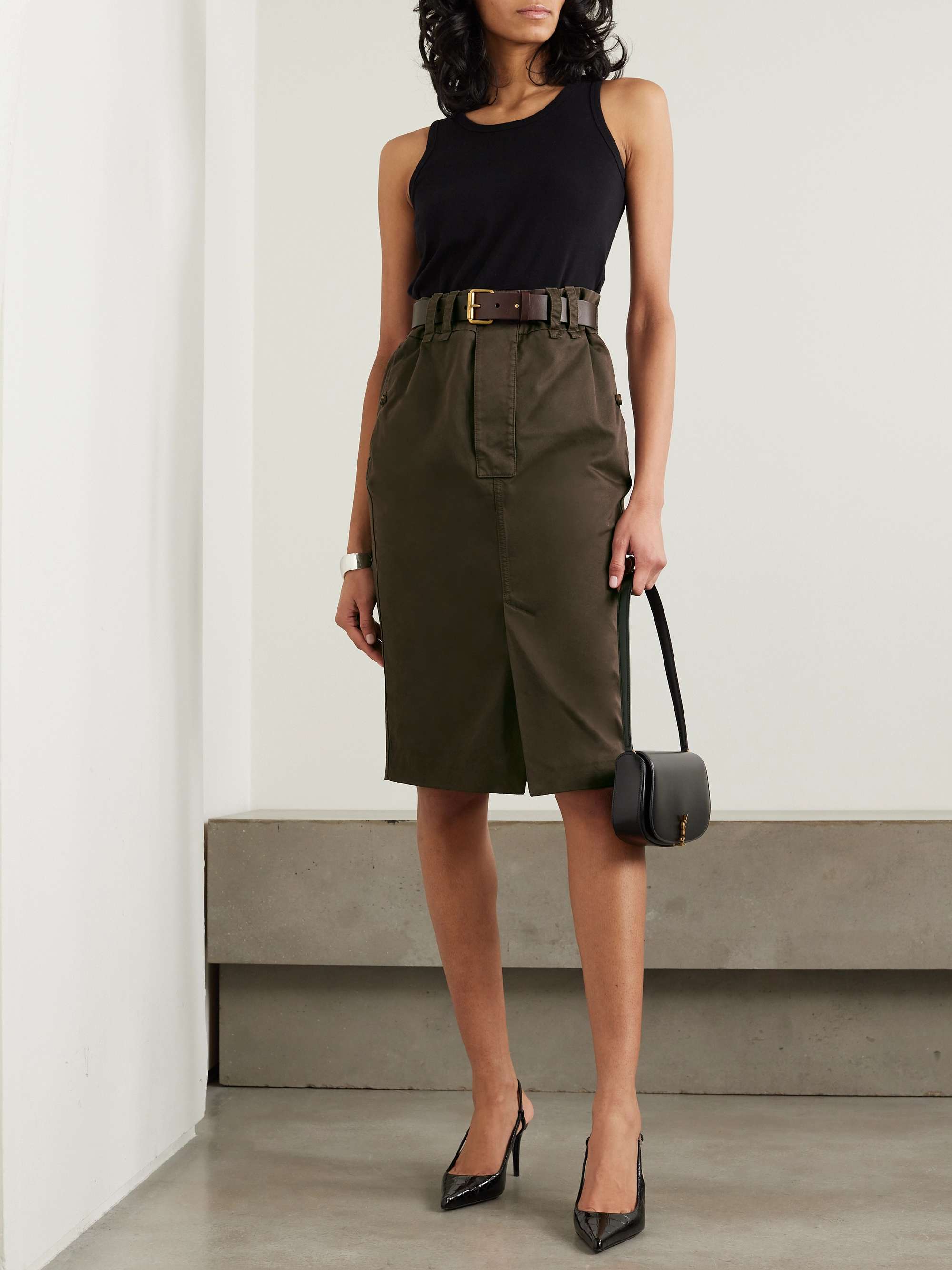Belted leather trimmed denim midi skirt dark brown 24