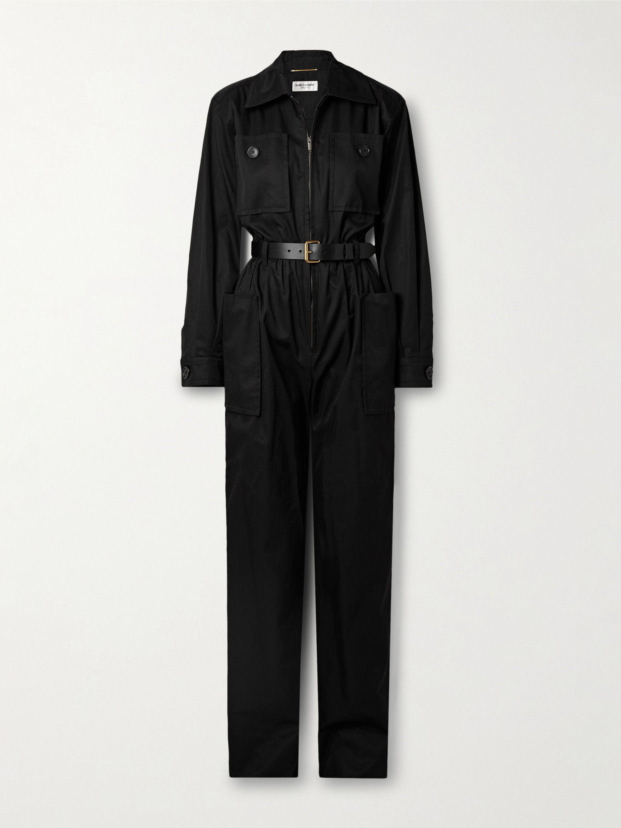 Shop Saint Laurent Belted Cotton-twill Jumpsuit In Black