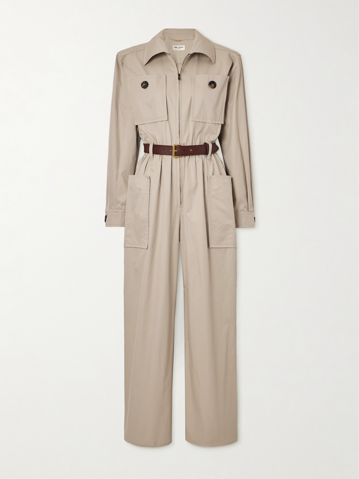 Shop Saint Laurent Belted Cotton-twill Jumpsuit In Neutrals