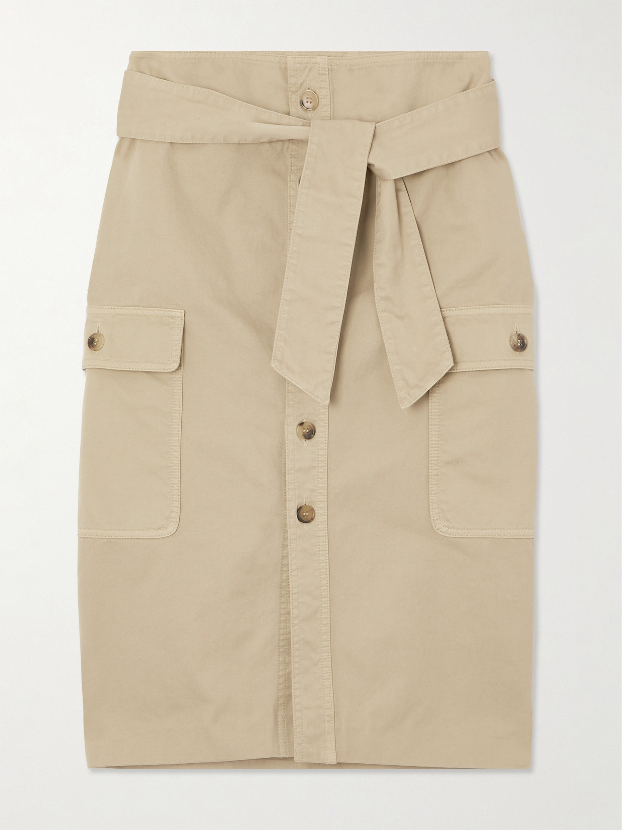 Saint Laurent Saharienne Tie-detailed Cotton-twill Midi Skirt In Neutrals