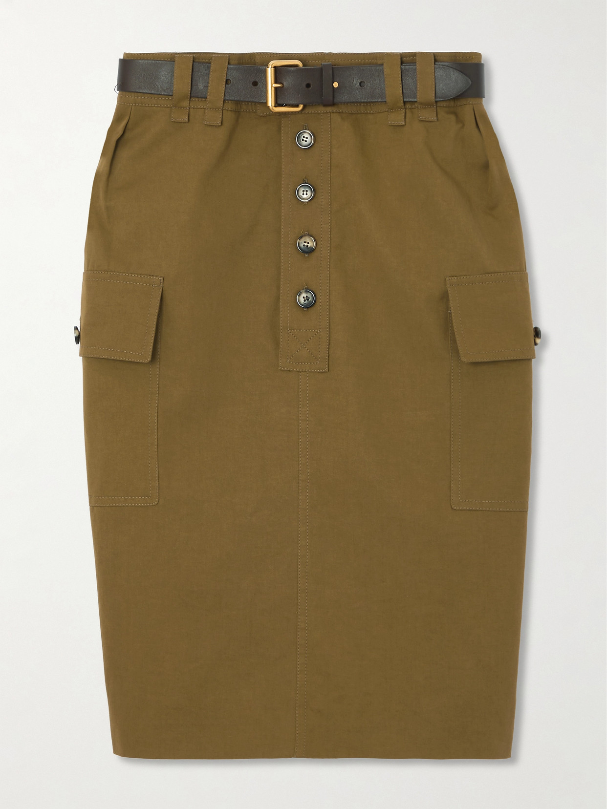 Shop Saint Laurent Belted Cotton And Linen-blend Twill Midi Skirt In Green