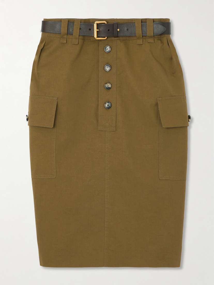 Saint Laurent Belted Cotton And Linen-blend Twill Midi Skirt