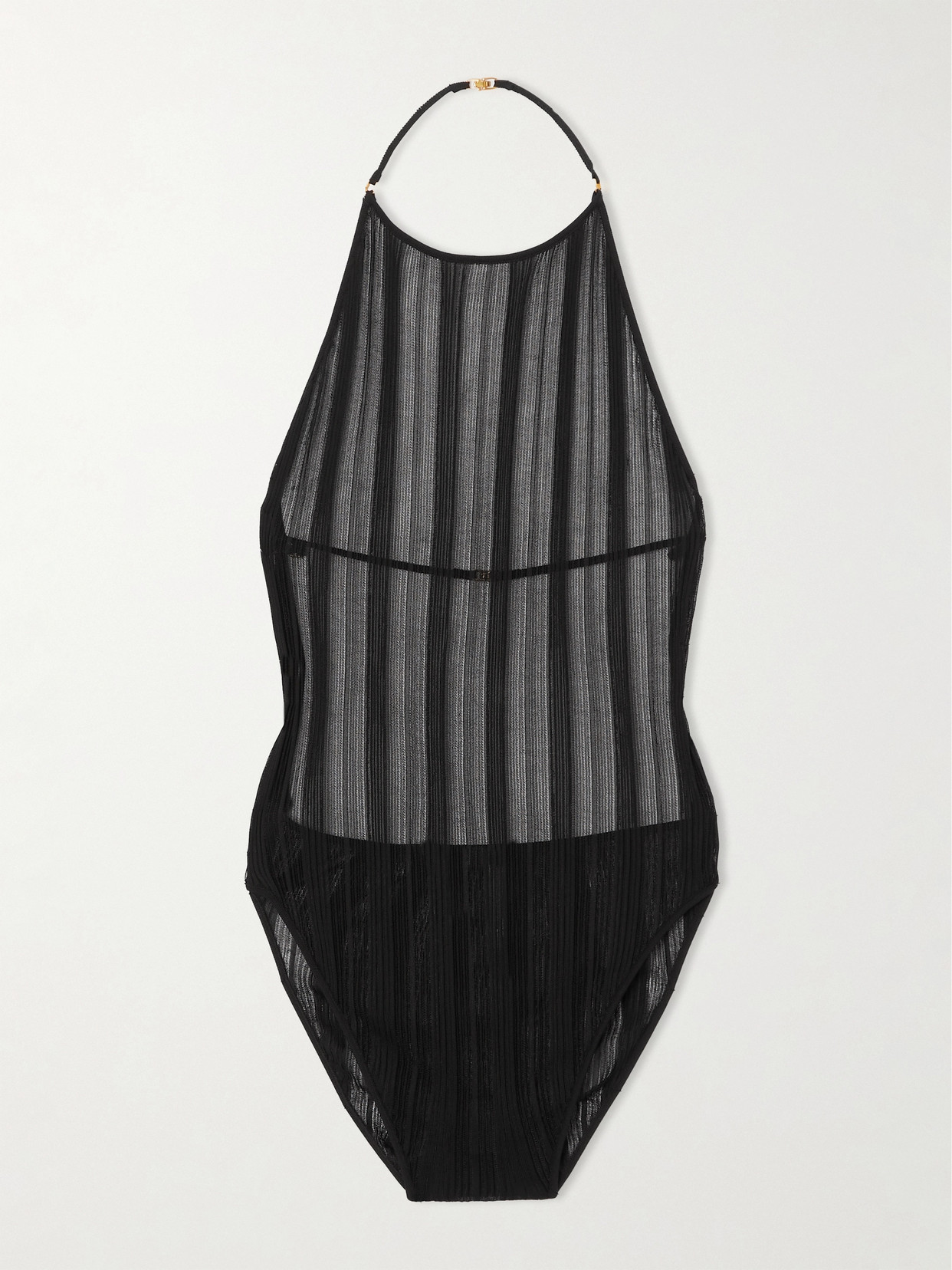 Saint Laurent Open-back Open-knit Halterneck Bodysuit In Black